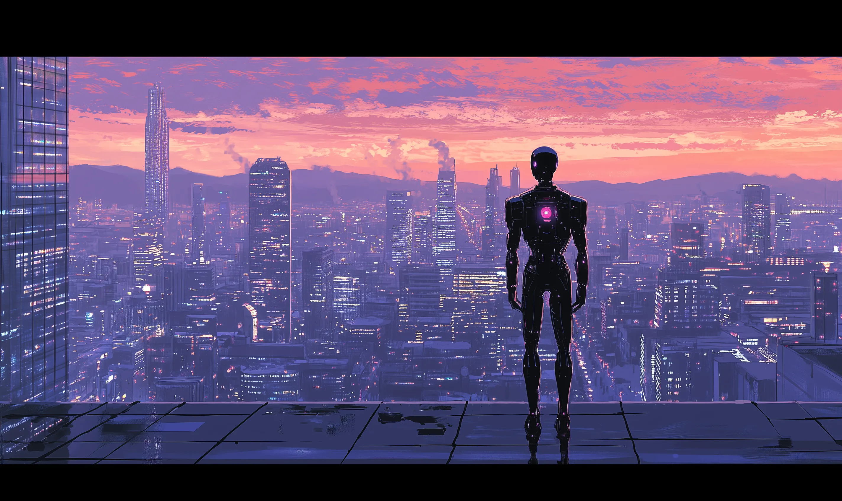 Cyberpunk cityscape with figure overlooking neon buildings